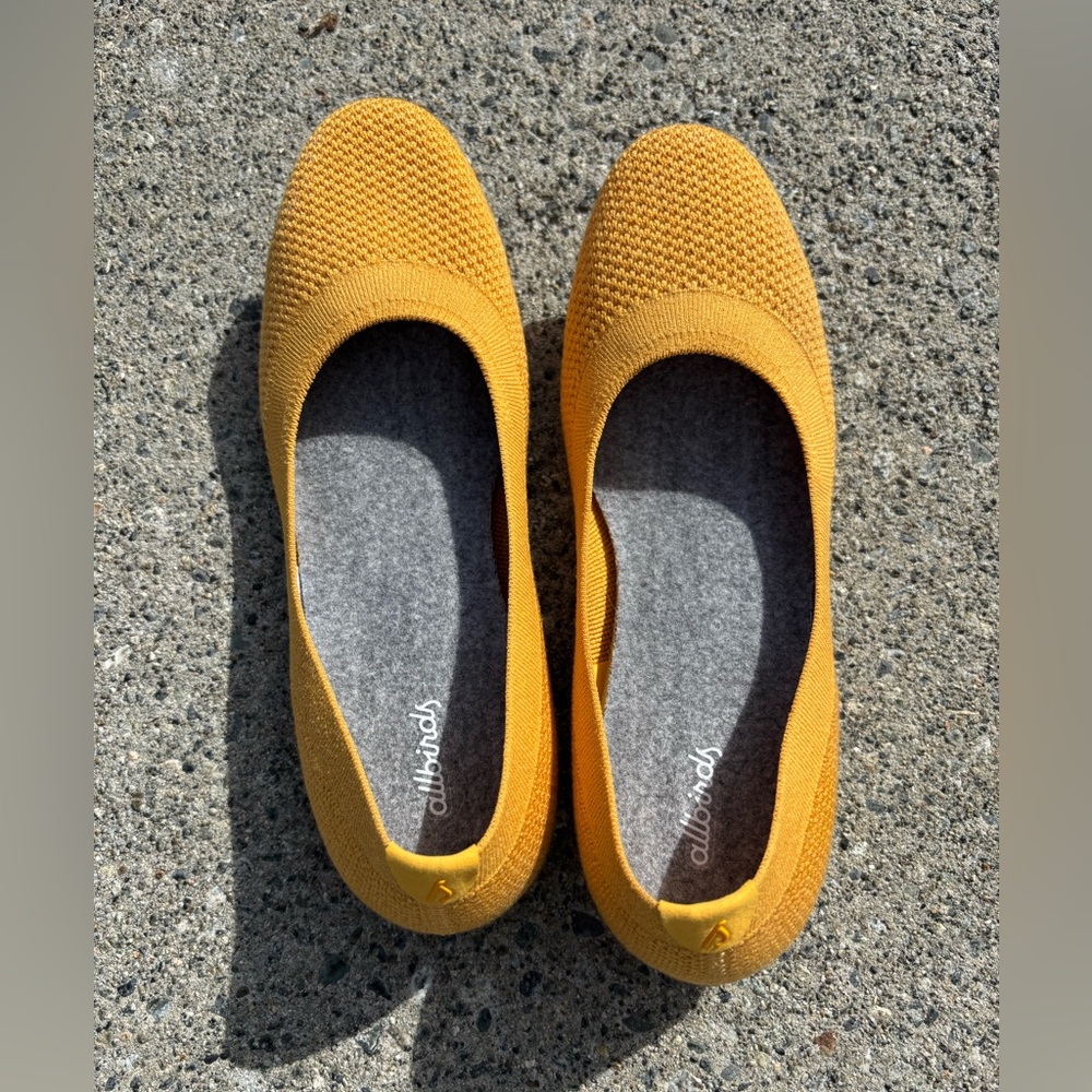 Allbirds mustard yellow washable wool flats, new, women’s 9.5